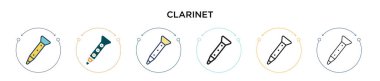 Klarnet simgesi dolu, ince çizgi, özet ve vuruş stili. Mobil, ui, web için iki renkli ve siyah klarnet vektör ikonu tasarımı vektör illüstrasyonu kullanılabilir