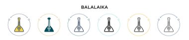 Balalaika simgesi dolu, ince çizgi, özet ve vuruş stili. Mobil, ui, web için iki renkli ve siyah balalayka vektör simgesi tasarımı vektör illüstrasyonu kullanılabilir