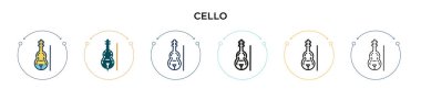 Viyolonsel ikonu, ince çizgi, özet ve vuruş stili. Mobil, ui, web için iki renkli ve siyah çello vektör ikonu tasarımı vektör illüstrasyonu kullanılabilir