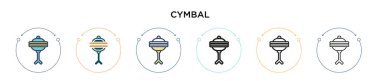 Cymbal simgesi doldurulmuş, ince çizgi, özet ve vuruş stili. Mobil, ui, web için iki renkli ve siyah zil vektör simgesi tasarımı vektör illüstrasyonu kullanılabilir