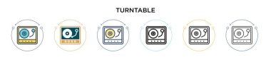 Turntable simgesi doldurulmuş, ince çizgi, özet ve vuruş stili. Mobil, ui, web için iki renkli ve siyah turntable vektör simgesinin vektör illüstrasyonu kullanılabilir