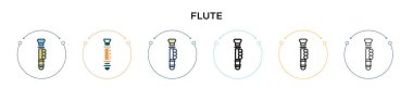 Flüt ikonu dolu, ince çizgi, taslak ve vuruş stili. Mobil, ui, web için iki renkli ve siyah flüt vektör ikonu tasarımı vektör illütü kullanılabilir