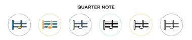 Çeyrek nota simgesi doldurulmuş, ince çizgi, özet ve vuruş stili. Mobil, ui, web için iki renkli ve siyah çeyrek nota vektör simgesi tasarımı kullanılabilir