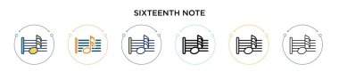 16. nota simgesi doldurulmuş, ince çizgi, özet ve vuruş stili. Mobil, ui, web için iki renkli ve siyah onaltıncı nota vektör ikonlarının vektör çizimi kullanılabilir
