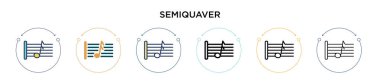 Yarı quaver simgesi dolu, ince çizgi, özet ve vuruş stili. Mobil, ui, web için iki renkli ve siyah semiquaver vektör ikonu tasarımı vektör illüstrasyonu kullanılabilir