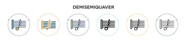 Demisemiquaver simgesi doldurulmuş, ince çizgi, taslak ve vuruş stili. Mobil, ui, web için iki renkli ve siyah Demisemiquaver vektör simgesi çizimi kullanılabilir