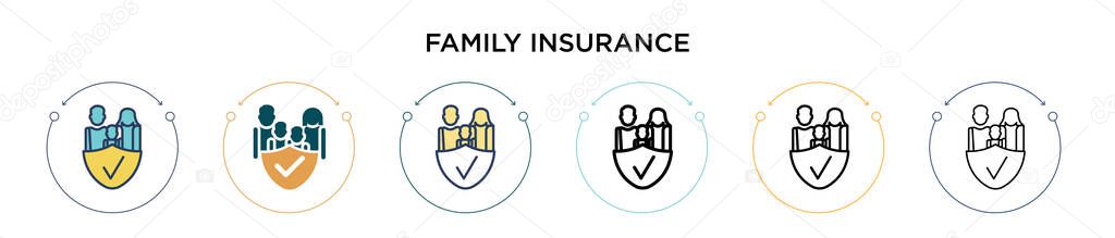 Family insurance icon in filled, thin line, outline and stroke style. Vector illustration of two colored and black family insurance vector icons designs can be used for mobile, ui, web