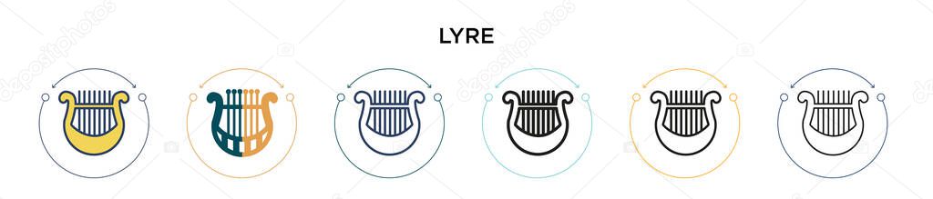 Lyre icon in filled, thin line, outline and stroke style. Vector illustration of two colored and black lyre vector icons designs can be used for mobile, ui, web