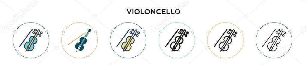 Violoncello icon in filled, thin line, outline and stroke style. Vector illustration of two colored and black violoncello vector icons designs can be used for mobile, ui, web
