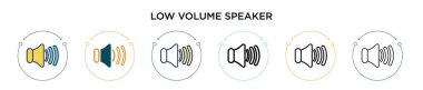 Düşük ses hoparlörü simgesi dolu, ince çizgi, özet ve vuruş stili. Mobil, ui, web için iki renkli ve siyah düşük hacimli hoparlör ikonu tasarımı vektör illüstrasyonu kullanılabilir