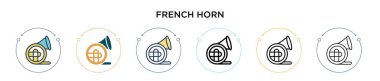 Fransız korna ikonu, ince çizgi, dış hatlar ve vuruş stili. Mobil, ui, web için iki renkli ve siyah Fransız korna vektör ikonu tasarımı vektör illüstrasyonu kullanılabilir