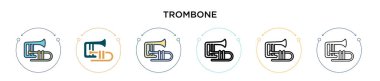 Trombon simgesi doldurulmuş, ince çizgi, özet ve vuruş stili. Mobil, ui, web için iki renkli ve siyah trombon vektör ikonu tasarımının vektör illüstrasyonu kullanılabilir