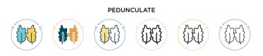 Dolu, ince çizgi, özet ve vuruş stili olarak pedunculate simgesi. Mobil, ui, web için iki renkli ve siyah pedunculate vektör simgesi tasarımı vektör illüstrasyonu kullanılabilir