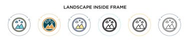 Çerçeve simgesinin içindeki peyzaj, ince çizgi, ana hatlar ve vuruş stili. Çerçeve vektör simgeleri içindeki iki renkli ve siyah manzaranın vektör illüstrasyonu mobil, ui, web için kullanılabilir