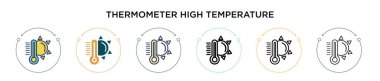 Termometre yüksek sıcaklık ikonu dolu, ince çizgi, ana hatlar ve vuruş stili. İki renkli ve siyah termometre yüksek sıcaklık vektör ikonu tasarımının vektör illüstrasyonu taşınabilir için kullanılabilir,
