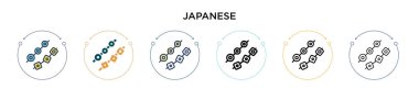 Japon ikonu doldurulmuş, ince çizgi, özet ve vuruş stili. Mobil, ui, web için iki renkli ve siyah Japon vektör ikonu tasarımı vektör illüstrasyonu kullanılabilir