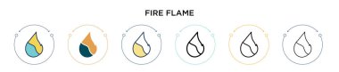 Ateş alevi simgesi dolu, ince çizgi, ana hatlar ve vuruş stili. Mobil, ui, web için iki renkli ve siyah ateş vektör ikonu tasarımı vektör illüstrasyonu kullanılabilir