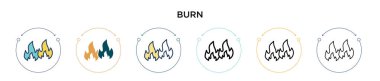 Yakma simgesi, ince çizgi, özet ve vuruş stili. Mobil, ui, web için iki renkli ve siyah yanık vektör ikonu tasarımı vektör illüstrasyonu kullanılabilir