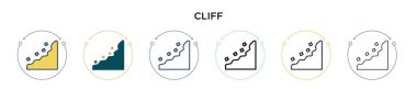 Cliff simgesi doldurulmuş, ince çizgi, özet ve vuruş stili. Mobil, ui, web için iki renkli ve siyah uçurum vektör ikonu tasarımı vektör illüstrasyonu kullanılabilir
