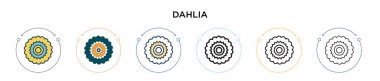 Dahlia simgesi doldurulmuş, ince çizgi, ana hatlar ve vuruş stili. Mobil, ui, web için iki renkli ve siyah dahlia vektör ikonu tasarımı vektör illüstrasyonu kullanılabilir