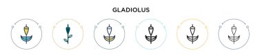 Gladiolus simgesi dolu, ince çizgi, özet ve vuruş stili. Mobil, ui, web için iki renkli ve siyah gladiolus vektör ikonu tasarımı vektör illüstrasyonu kullanılabilir