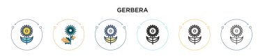 Gerbera simgesi dolu, ince çizgi, özet ve vuruş stili. Mobil, ui, web için iki renkli ve siyah Gerbera vektör ikonu tasarımı vektör illüstrasyonu kullanılabilir