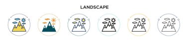 Manzara simgesi doldurulmuş, ince çizgi, özet ve vuruş stili. Mobil, ui, web için iki renkli ve siyah peyzaj vektör ikonu tasarımı vektör illüstrasyonu kullanılabilir