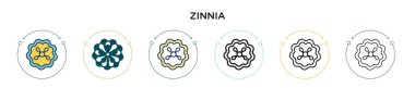 Zinnia ikonu dolu, ince çizgi, özet ve vuruş stili. Mobil, ui, web için iki renkli ve siyah zinnia vektör ikonu tasarımı vektör illüstrasyonu kullanılabilir