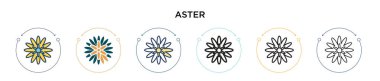 Aster simgesi doldurulmuş, ince çizgi, özet ve vuruş stili. Mobil, ui, web için iki renkli ve siyah aster vektör ikonu tasarımı vektör illüstrasyonu kullanılabilir
