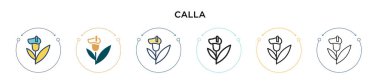 Calla simgesi dolu, ince çizgi, özet ve vuruş stili. Mobil, ui, web için iki renkli ve siyah Calia vektör ikonu tasarımı vektör illüstrasyonu kullanılabilir
