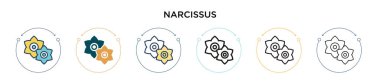 Narcissus simgesi dolu, ince çizgi, özet ve vuruş stili. Mobil, ui, web için iki renkli ve siyah narsist vektör ikonu tasarımı vektör illüstrasyonu kullanılabilir