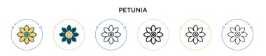 Petunya ikonu dolu, ince çizgi, özet ve vuruş stili. Mobil, ui, web için iki renkli ve siyah petunya vektör ikonu tasarımının vektör illüstrasyonu kullanılabilir