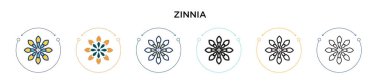 Zinnia ikonu dolu, ince çizgi, özet ve vuruş stili. Mobil, ui, web için iki renkli ve siyah zinnia vektör ikonu tasarımı vektör illüstrasyonu kullanılabilir