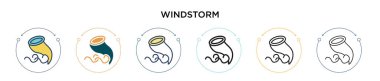 Rüzgâr fırtınası ikonu, ince çizgi, özet ve vuruş stili. İki renkli ve siyah rüzgar fırtınası vektör simgesi tasarımı mobil, ui, web için kullanılabilir