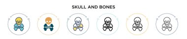 Kafatası ve kemik simgesi doldurulmuş, ince çizgi, ana hatlar ve vuruş stili. Mobil, ui, web için iki renkli ve siyah kafatası ve kemik vektör ikonu tasarımı vektör illüstrasyonu kullanılabilir