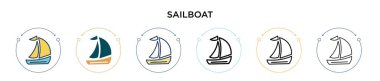 Yelkenli ikonu dolu, ince çizgi, ana hatlar ve vuruş stili. Mobil, ui, web için iki renkli ve siyah yelkenli vektör ikonu tasarımı vektör illüstrasyonu kullanılabilir