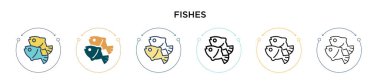 Balık ikonu dolu, ince çizgi, ana hatlar ve vuruş stili. İki renkli ve siyah balık vektör simgesi tasarımı mobil, ui, web için kullanılabilir