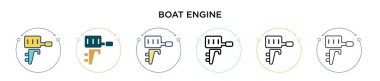 Tekne motoru simgesi dolu, ince çizgi, ana hatlar ve vuruş stili. Mobil, ui, web için iki renkli ve siyah tekne motor vektör ikonu tasarımı vektör illüstrasyonu kullanılabilir