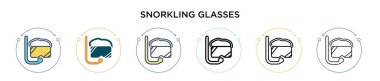 Dopdolu, ince çizgi halinde horlayan gözlük simgesi, taslak ve vuruş stili. Mobil, ui, web için iki renkli ve siyah şnorkelli gözlük vektör ikonu tasarımı vektör ilülasyonu kullanılabilir
