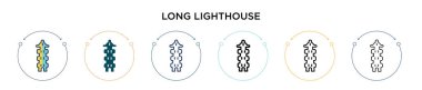 Uzun deniz feneri ikonu, ince çizgi, dış hat ve vuruş stili. Mobil, ui, web için iki renkli ve siyah deniz feneri vektör ikonu tasarımı vektör illüstrasyonu kullanılabilir