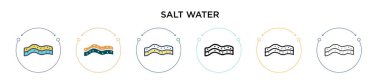 Tuzlu su ikonu, ince çizgi, dış hat ve vuruş stili. Mobil, ui, web için iki renkli ve siyah tuzlu su vektör ikonu tasarımı vektör illüstrasyonu kullanılabilir