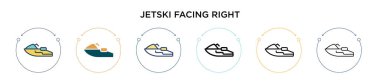 Jetski 'nin yüzü sağa dönük. Dopdolu, ince çizgi, ana hatlar ve vuruş stili. Sağ vektör simgelerine bakan iki renkli ve siyah jetski 'nin vektör illüstrasyonu mobil, ui, web için kullanılabilir