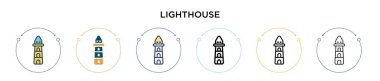 Deniz feneri ikonu dolu, ince çizgi, dış hat ve vuruş stili. Mobil, ui, web için iki renkli ve siyah deniz feneri vektör ikonu tasarımı vektör illüstrasyonu kullanılabilir