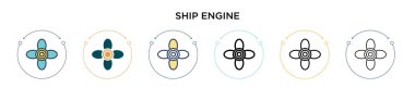 Ship engine icon in filled, thin line, outline and stroke style. Vector illustration of two colored and black ship engine vector icons designs can be used for mobile, ui, web clipart