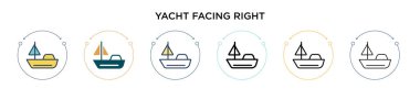 Yat sağa dönük ikon şeklinde, ince çizgi, ana hatlar ve vuruş stili. Sağ vektör simgelerine bakan iki renkli ve siyah yatın vektör illüstrasyonu mobil, ui, web için kullanılabilir