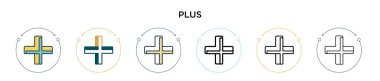 Artı ikon dolu, ince çizgi, özet ve vuruş stili. Mobil, ui, web için iki renkli ve siyah vektör simgelerinin vektör çizimi kullanılabilir