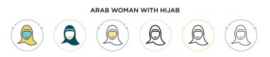 Arap kadın tesettür simgesi ile dolu, ince çizgi, özet ve vuruş stili. Mobil, ui, web için tesettür vektör simgelerine sahip iki renkli ve siyah Arap kadının vektör illüstrasyonu kullanılabilir