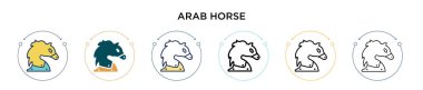Arap at ikonu dolu, ince çizgi, özet ve vuruş stili. Mobil, ui, web için iki renkli ve siyah Arap at vektör ikonu tasarımı vektör illüstrasyonu kullanılabilir