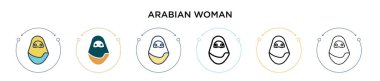 Arap kadın ikonu dolu, ince çizgi, özet ve vuruş stili. Mobil, ui, web için iki renkli ve siyah Arap kadın vektör ikonu tasarımı vektör illüstrasyonu kullanılabilir