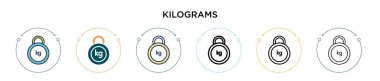 Kilogram simgesi dolu, ince çizgi, özet ve vuruş stili. Mobil, ui, web için iki renkli ve siyah kilogram vektör ikonu tasarımı vektör illüstrasyonu kullanılabilir